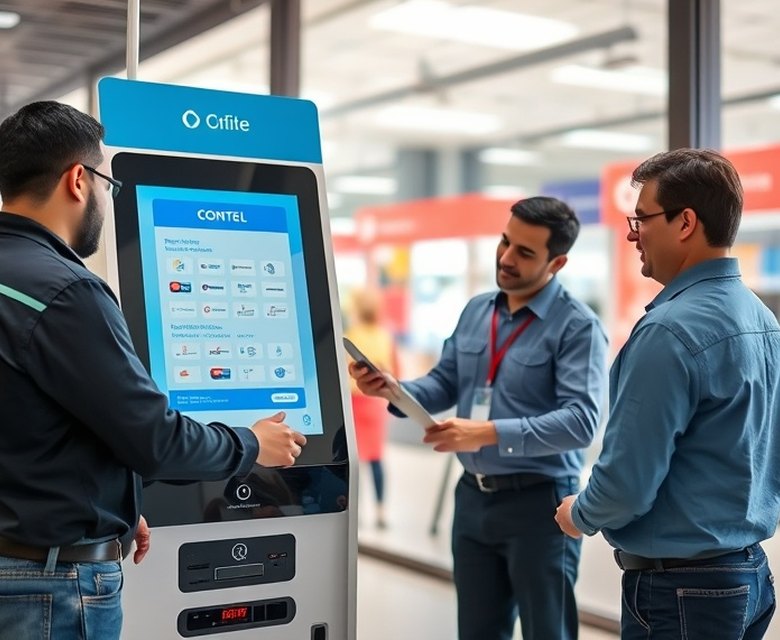 Técnico realizando el mantenimiento de un terminal de autoservicio