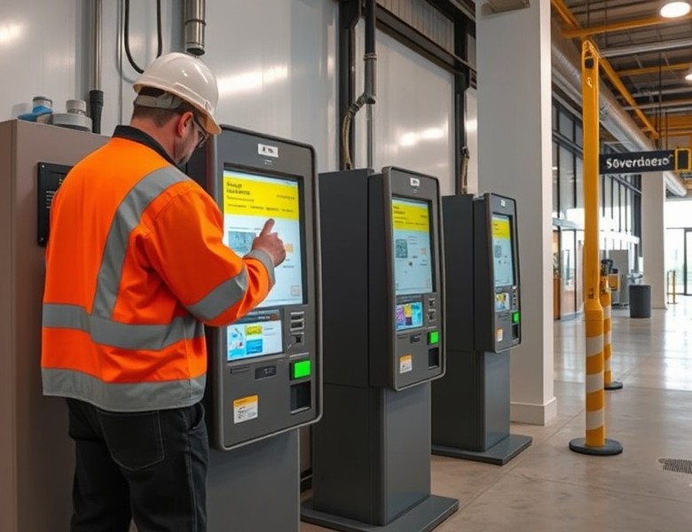 Técnico realizando el mantenimiento de un terminal de autoservicio