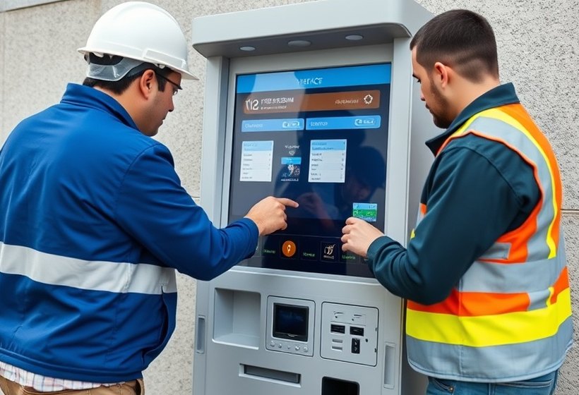 Técnico realizando el mantenimiento de un terminal de autoservicio
